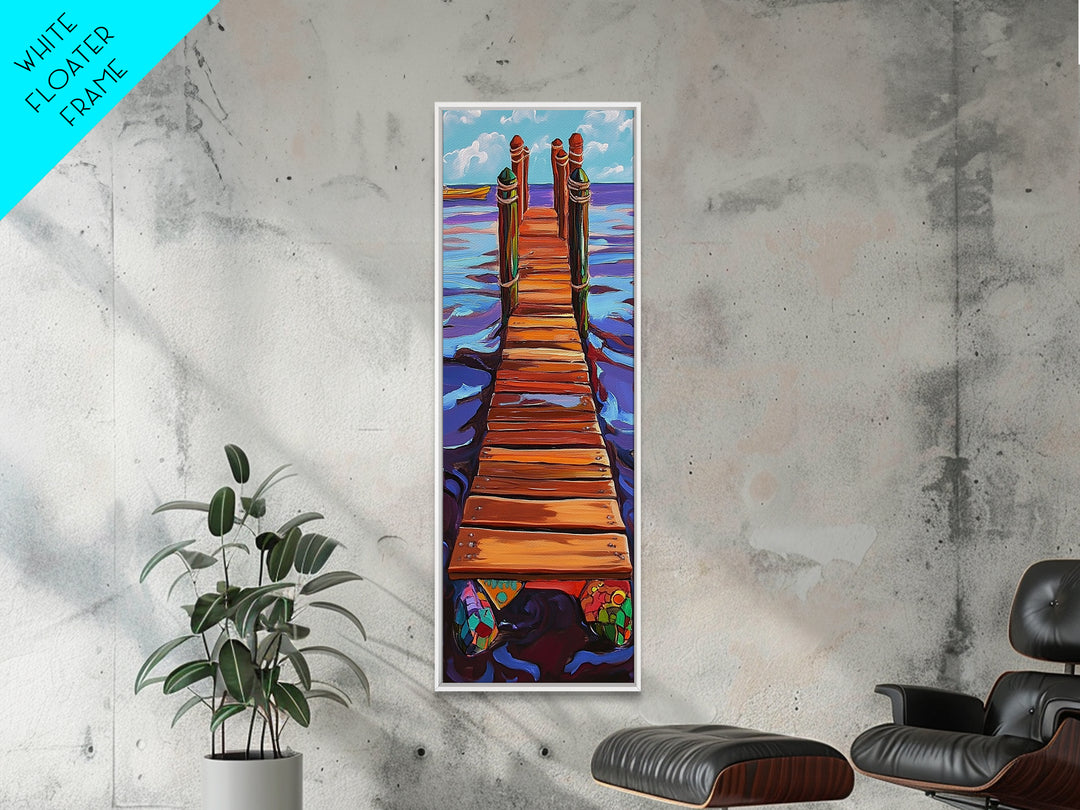 Dock Ocean, Pier, Framed Canvas Print, Seaside Wall Art, Nautical Coastal Decor, Whimsical Ocean Painting, Beach House Style