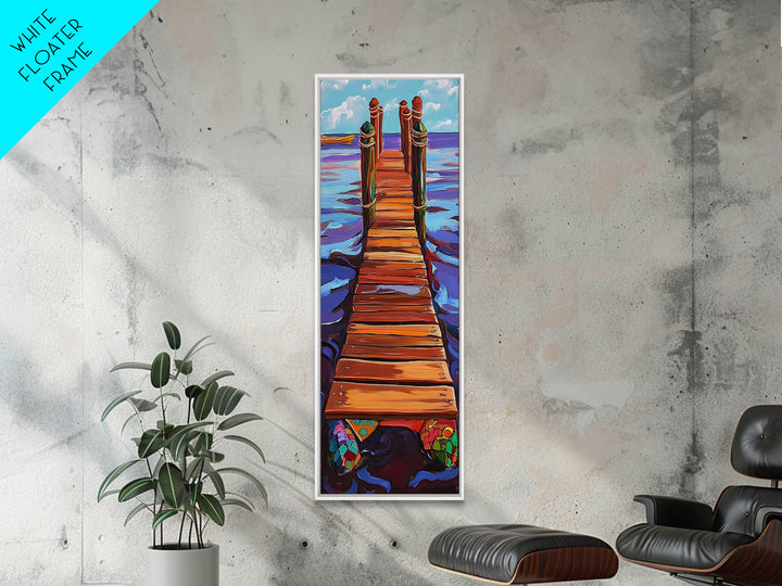 Dock Ocean, Pier, Framed Canvas Print, Seaside Wall Art, Nautical Coastal Decor, Whimsical Ocean Painting, Beach House Style