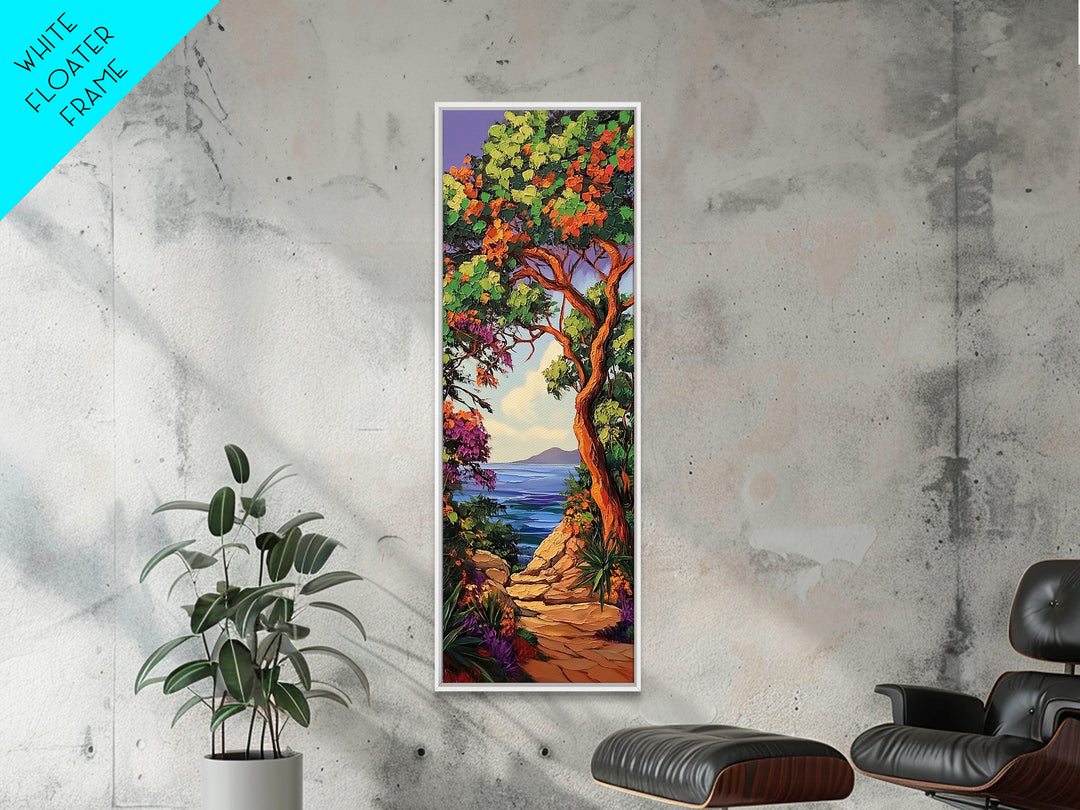 Coastal Trail,Trees,Escape — Framed Canvas Print, tropical coastal decor, beachside nature wall art, entryway or hallway boho painting
