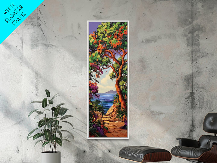 Coastal Trail,Trees,Escape — Framed Canvas Print, tropical coastal decor, beachside nature wall art, entryway or hallway boho painting