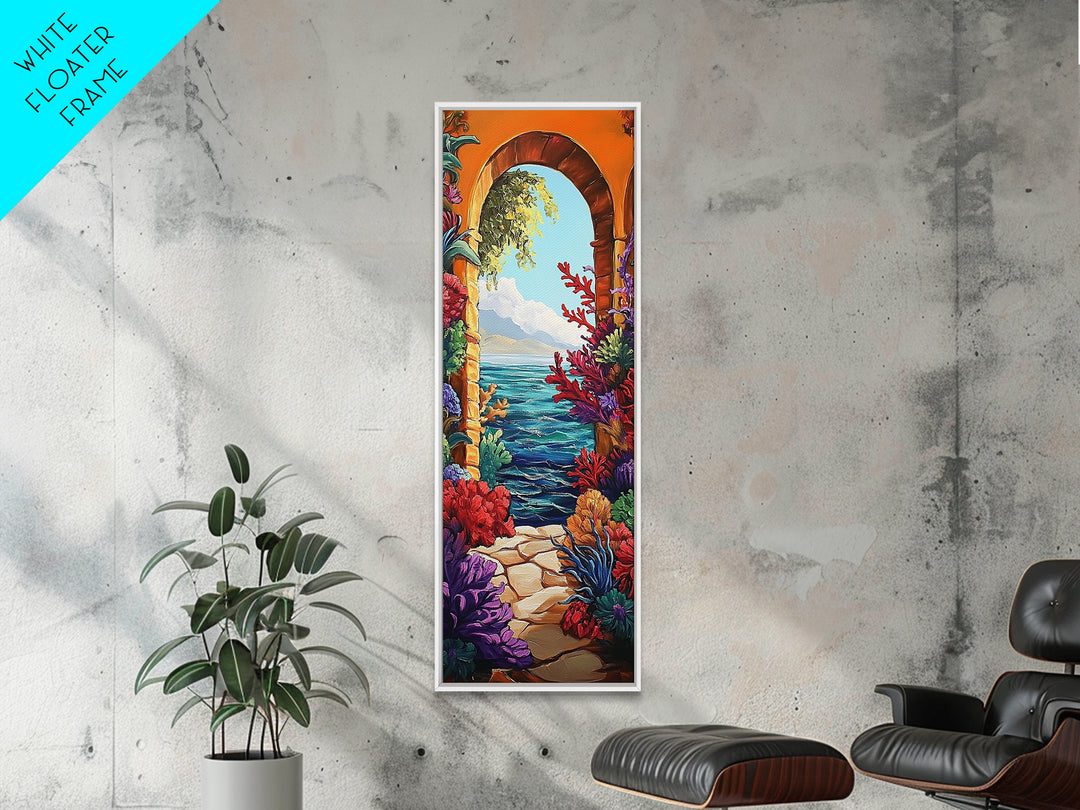 Ocean View, Archway Art, Tropical Seascape, Framed Canvas Print, Coastal Home Decor, Mediterranean Entryway Art, Bright Nautical Art