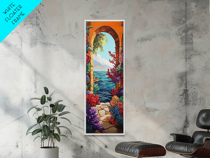 Ocean View, Archway Art, Tropical Seascape, Framed Canvas Print, Coastal Home Decor, Mediterranean Entryway Art, Bright Nautical Art