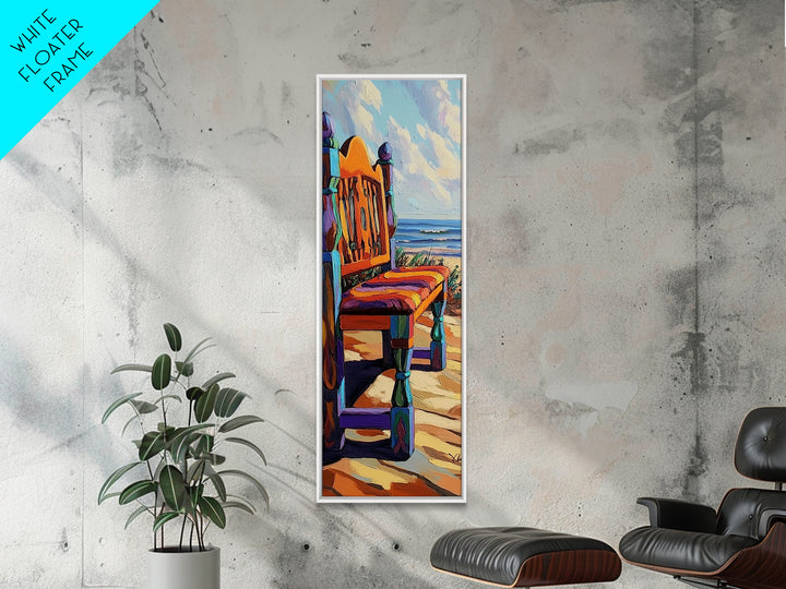 Ocean Chair, Beach View, Coastal Outdoor Scene, Framed Canvas Print, Seaside Patio Art, Tropical Boho Decor, Relaxing Vacation Vibes