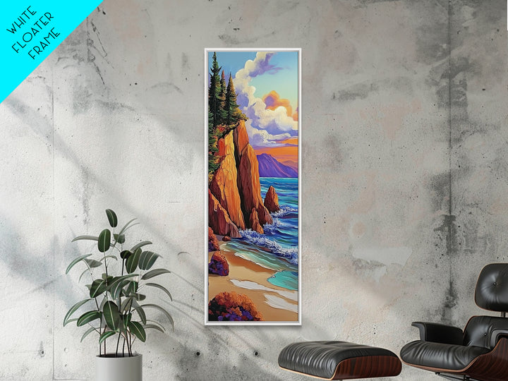 Rocky Coast, Ocean Cliffs, Sunset Mountain Seascape, Framed Canvas Print, Nature Landscape Wall Art, Fall Living Room Wilderness Decor