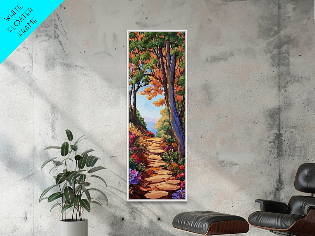 Autumn Pathway, Forest, Nature — Framed Canvas Print of scenic forest path with fall trees, cozy rustic living room wall decor, woodland art