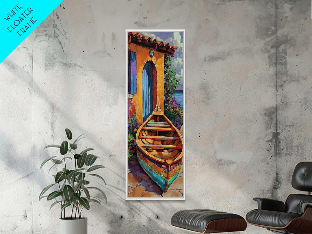 Docked Boat Flowers Villa, Framed Canvas Print, Mediterranean coastal home decor, bright rustic art, hallway wall art, summer lakehouse print