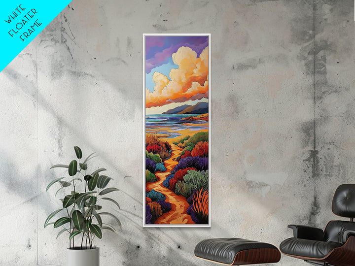 Beach Trail, Colorful Dunes, Seaside Nature, Framed Canvas Print, vibrant coastal landscape painting, tropical home wall art, bedroom art