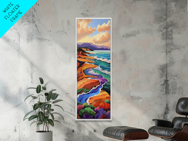 Coastal Waves, Flowers Landscape, Framed Canvas Print, Coastal wall art, beach landscape decor, boho style, bathroom or hallway art