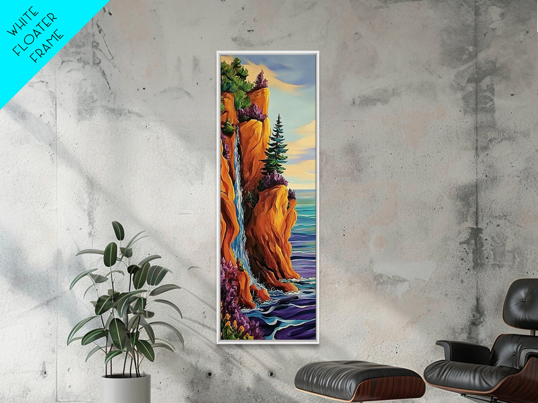 Coastal Cliffside, Waterfall, Pines - Framed Canvas Print, vibrant coastal landscape art, boho nature painting, hallway or office wall art
