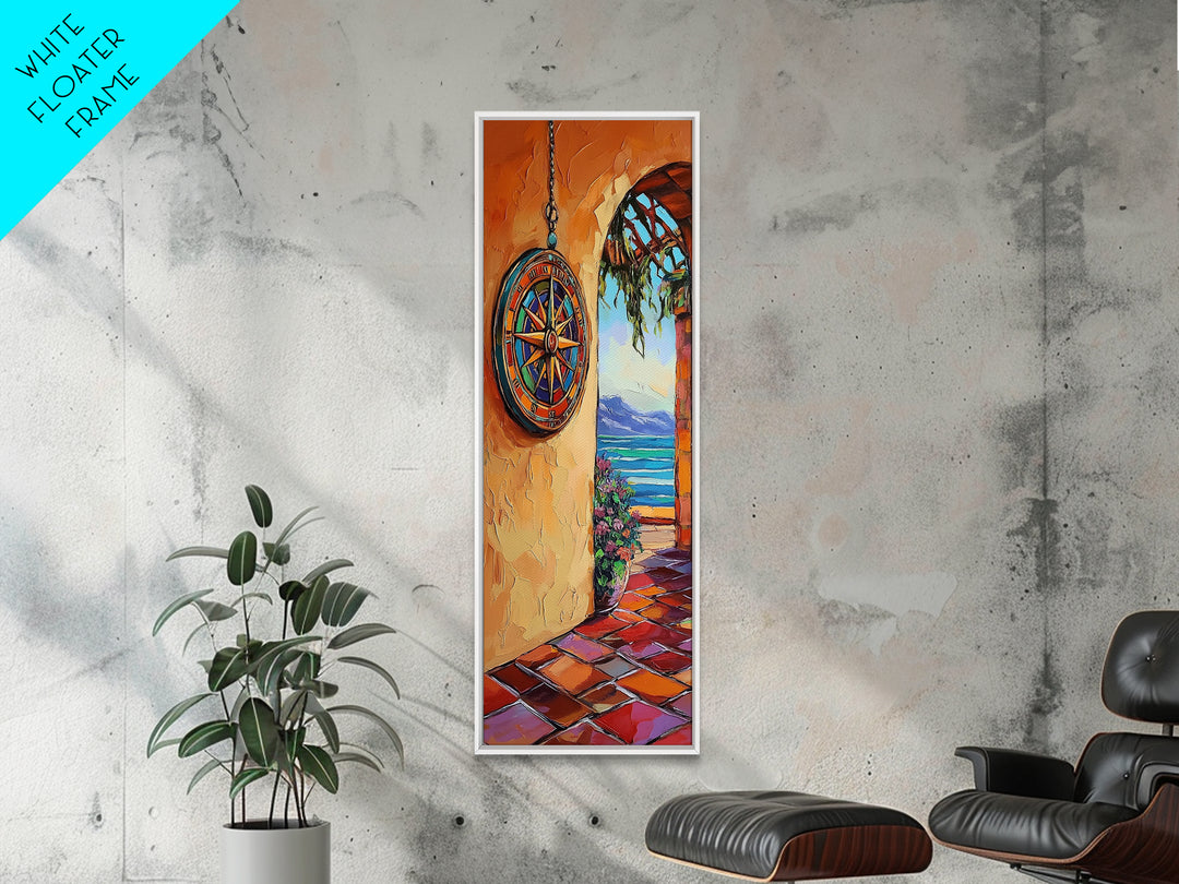 Coastal Compass, Archway View, Framed Canvas Print, Mediterranean boho home decor, nautical hallway wall art, vibrant beach escape