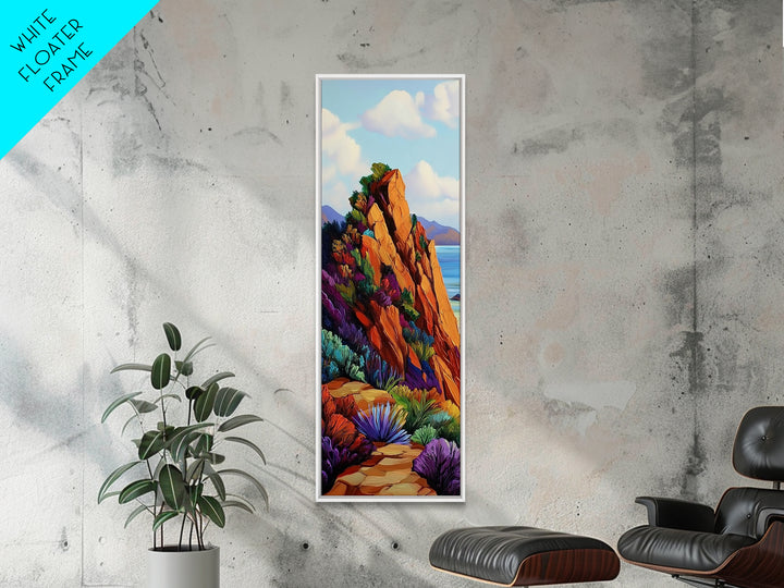 Cliff Trail, Seaside, Vista, Framed Canvas Print, nature hiking trail painting, boho wall decor, mountain sea view artwork, living room print