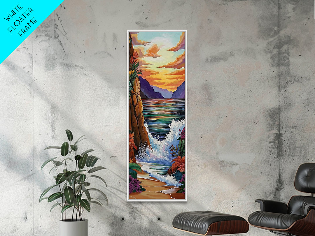 Coastal Sunset Waves Garden, Framed Canvas Print, Ocean beach sunset painting, floral wall decor, coastal fall home art, bohemian vibe