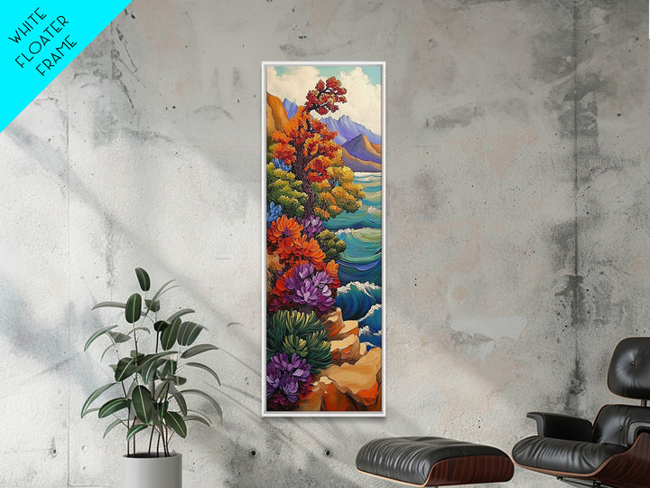 Autumn Cliff, Blossoms Ocean, Framed Canvas Print, fall coastal landscape art, mountainside floral decor, nature living room wall print