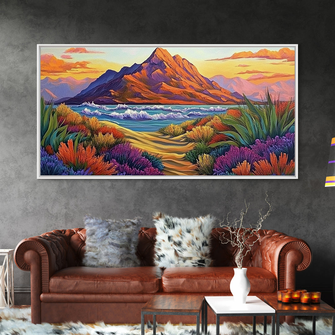 Mountains Waves, Path, Sunset Landscape Canvas Print, Colorful Nature Wall Art, Southwest Bedroom Decor, Autumn Art Style