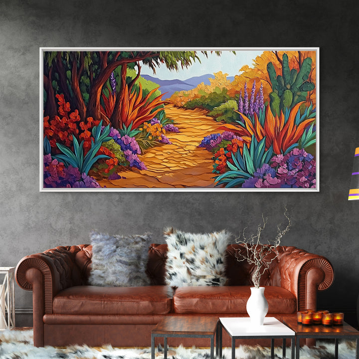 Autumn Pathway, Forest, Flowers, Framed Canvas Print fall landscape painting, nature wall art, rustic cabin decor, living room art