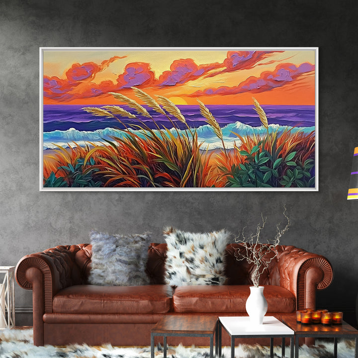 Ocean Sunset, Dunes, Seagrass, Canvas Print beach landscape wall decor, coastal art, vibrant sunset painting, tropical boho home decor
