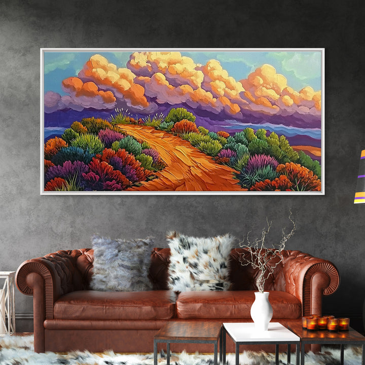 Autumn Trail, Clouds, Flowers, Canvas Print, fall mountain trail painting, landscape wall art, rustic cabin decor, hallway artwork