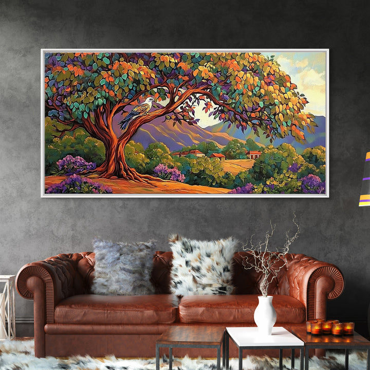 Tree Bird, Village, Sunset, Canvas Print autumn countryside art, peaceful nature wall painting, colorful landscape, farmhouse decor