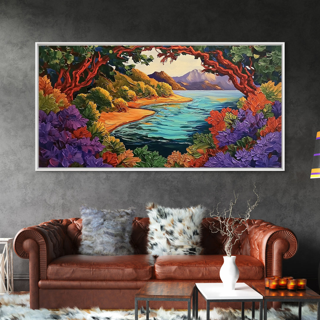 Colorful Coastal, Framed, Bright tropical coastal landscape view with water and foliage, Framed Canvas Print, living room wall art