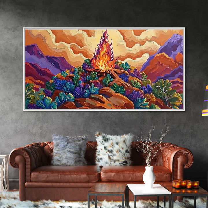 Campfire, Mountains, Glow, Vibrant campfire scene with colorful mountains and plants, Framed Canvas Print, rustic cabin wall art