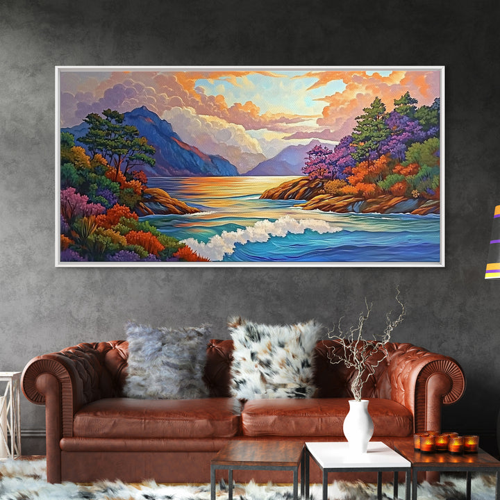 Ocean Sunset View, Vibrant Coastline, Mountain Landscape, Canvas Print, Living Room Wall Art, Colorful Seascape, Nature Painting