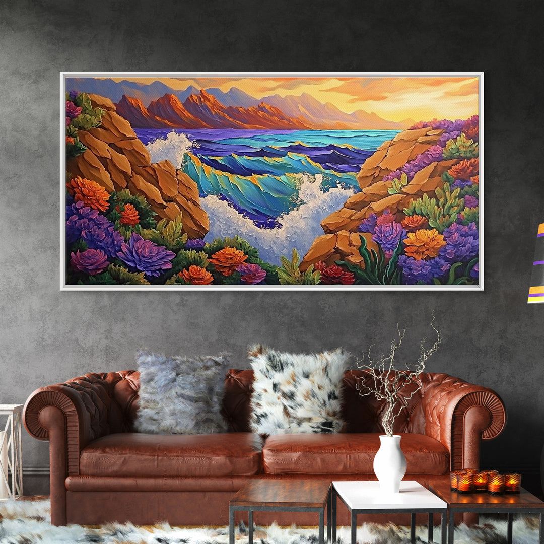 Ocean Cliff View, Crashing Waves Sunset, Bold Coastal Art, Framed Canvas Print, Nature Inspired Decor, Vibrant Seascape Painting