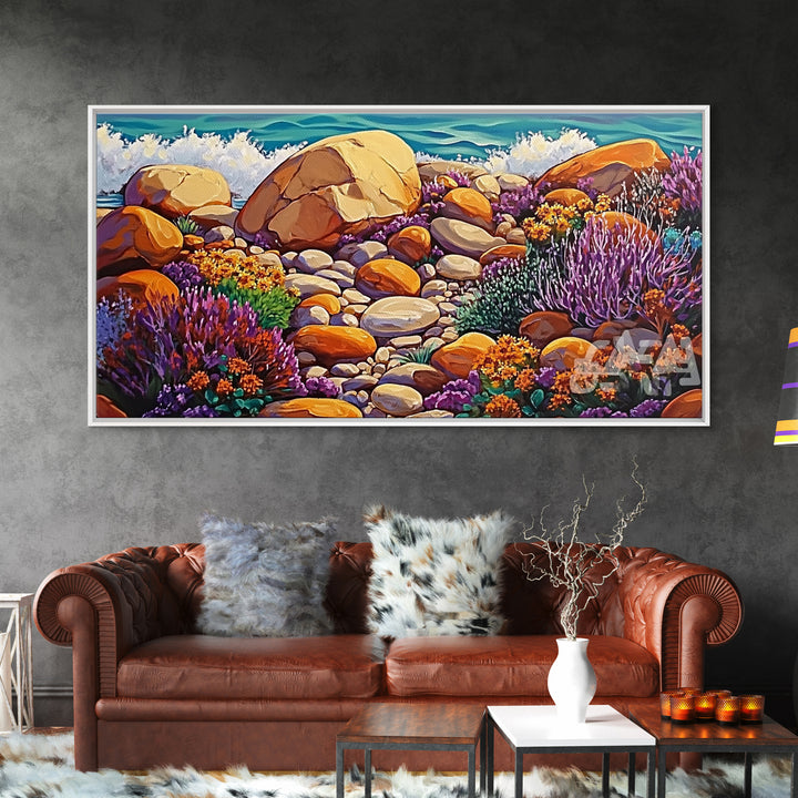 Coastal Garden, Rocks, Framed Canvas Print, Seaside nature landscape wall decor, Kitchen Wall Art, coastal art, vibrant summer vibe