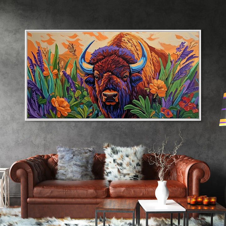 Buffalo Flowers, Bold, Canvas Print, Western bison face art, eclectic boho style, Living Room Wall Art, vibrant wildlife painting