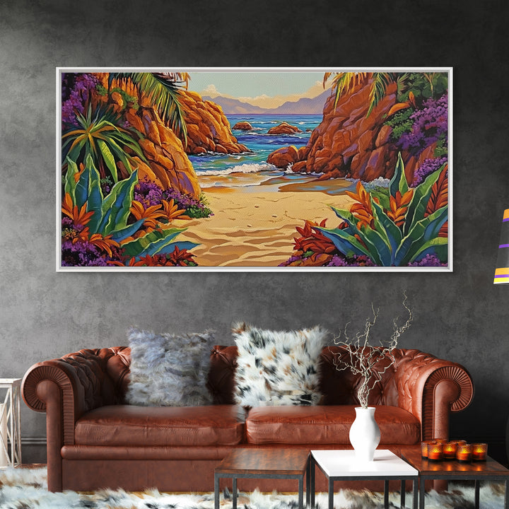 Cove Palms, Beach, Framed Canvas Print, Secluded tropical beach scene, Bedroom Wall Art, boho paradise vibes, coastal summer escape
