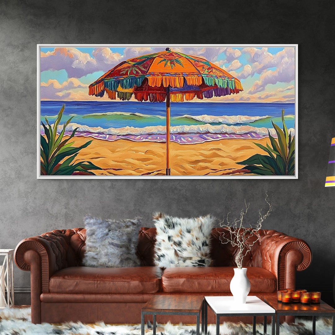 Umbrella Beach, Ocean, Framed Canvas Print, Colorful Beach Umbrella Painting, Retro Coastal Wall Decor, Summer Kitchen Art