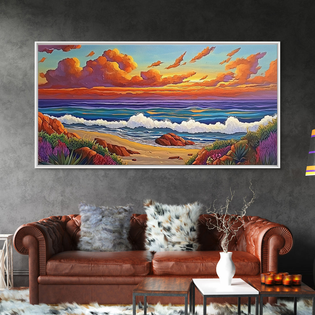 Beach Sunset, Waves, Pastel, Canvas Print, Seaside Landscape Art, Coastal Home Wall Decor, Serene Living Room Accent