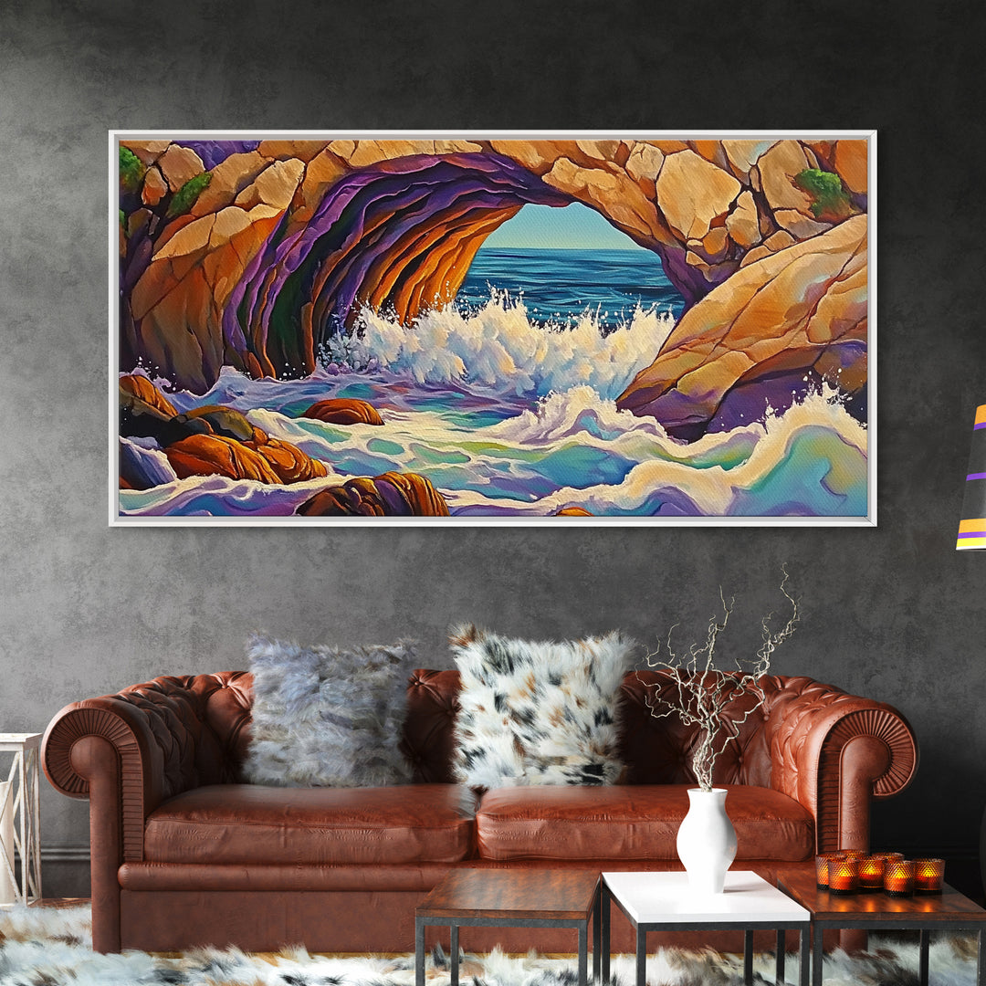 Cave Ocean, Wave, Cliff, Canvas Print, Coastal Nature Art, Bold Seaside Landscape Painting, Living Room Wall Decor, Nature Escape
