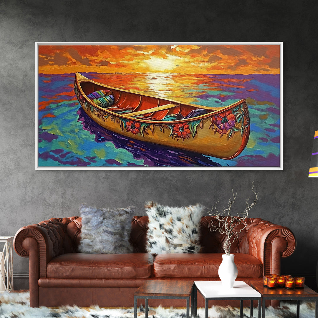 Canoe Sunset, Ocean, Solitude, Framed Canvas Print, Tranquil Beach Wall Art, Summer Decor, Nautical Painting, Living Room Accent