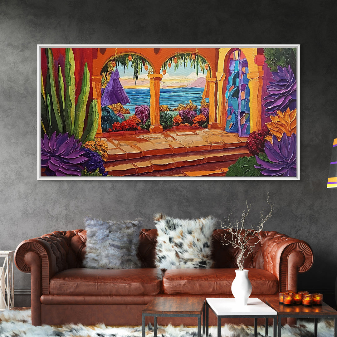Patio Ocean, Paradise, View, Canvas Print tropical patio view art, living room coastal decor, sunset painting, Mediterranean vibes