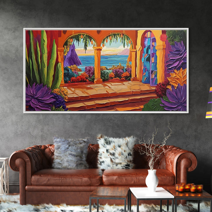 Patio Ocean, Paradise, View, Canvas Print tropical patio view art, living room coastal decor, sunset painting, Mediterranean vibes