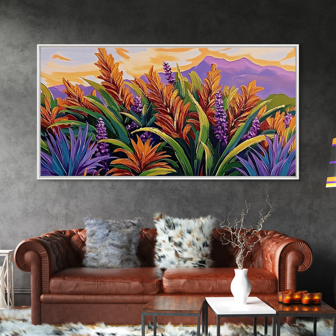 Botanical Sunset, Mountain, Framed Canvas Print, Vibrant Flower Field Painting, Nature Boho Wall Art, Sunset Hallway Decor