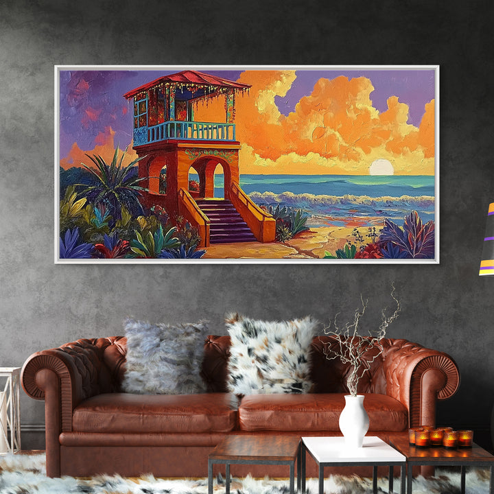 Beach Sunset, Tower, Tropical, Canvas Print, Coastal sunset art, boho beach house decor, vibrant tropical wall art, living room art