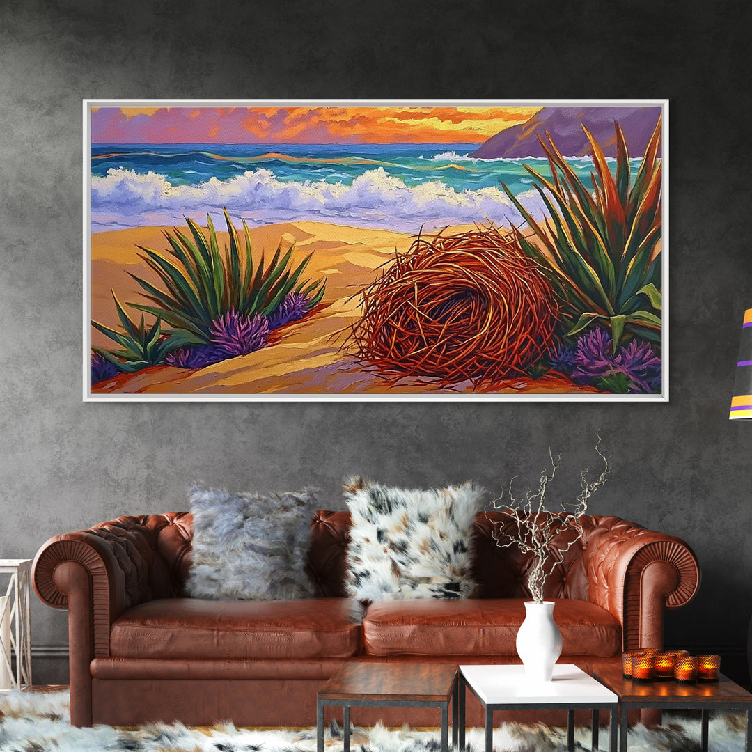 Nest Ocean, Beach, Nature, Framed Canvas Print, Desert beach art, boho coastal nature scene, calming fall tones, living room wall decor