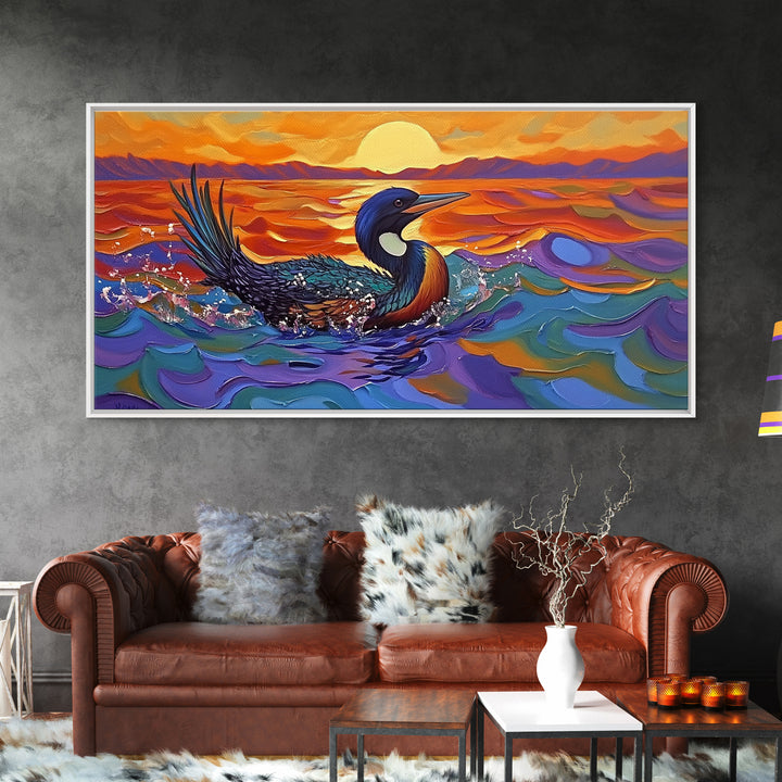 Sunset Loon, Splash, Painting, Framed Canvas Print lakehouse wall art, coastal bathroom decor, vibrant nature print, ocean artwork