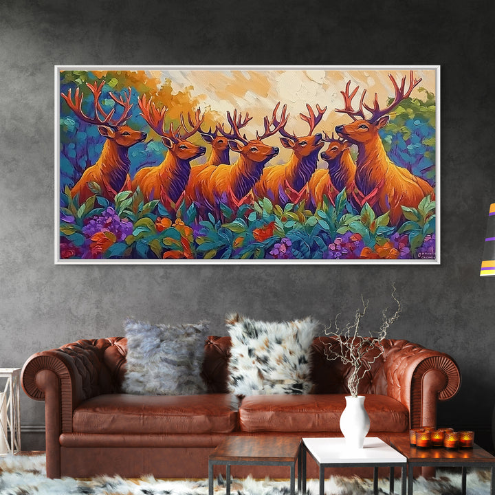 Deer Autumn, Forest, Scene, Framed Canvas Print wildlife cabin wall decor, vibrant Fall nature art, lodge living room print
