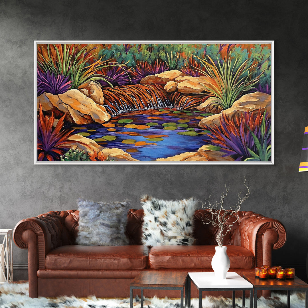 Desert Waterfall, Vibrant, Nature, Framed Canvas Print, desert oasis waterfall, Living Room Wall Art, colorful landscape painting