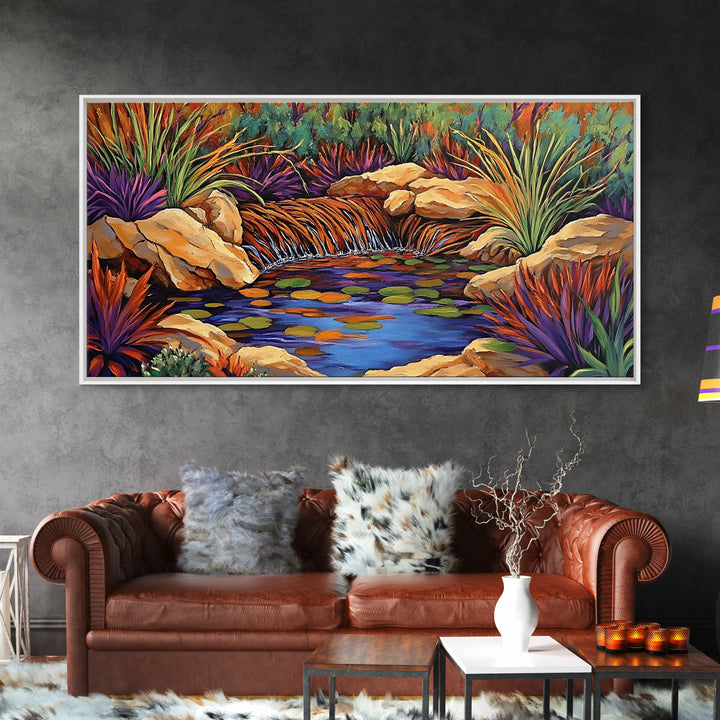 Desert Waterfall, Vibrant, Nature, Framed Canvas Print, desert oasis waterfall, Living Room Wall Art, colorful landscape painting