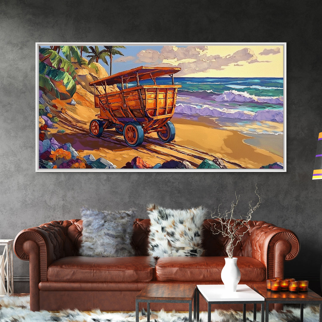 Coastal Cart, Tropical Beach, Ocean Shoreline, Framed Canvas Print, Rustic Wall Art, Coastal Living Room Decor, Summer Vibes Painting