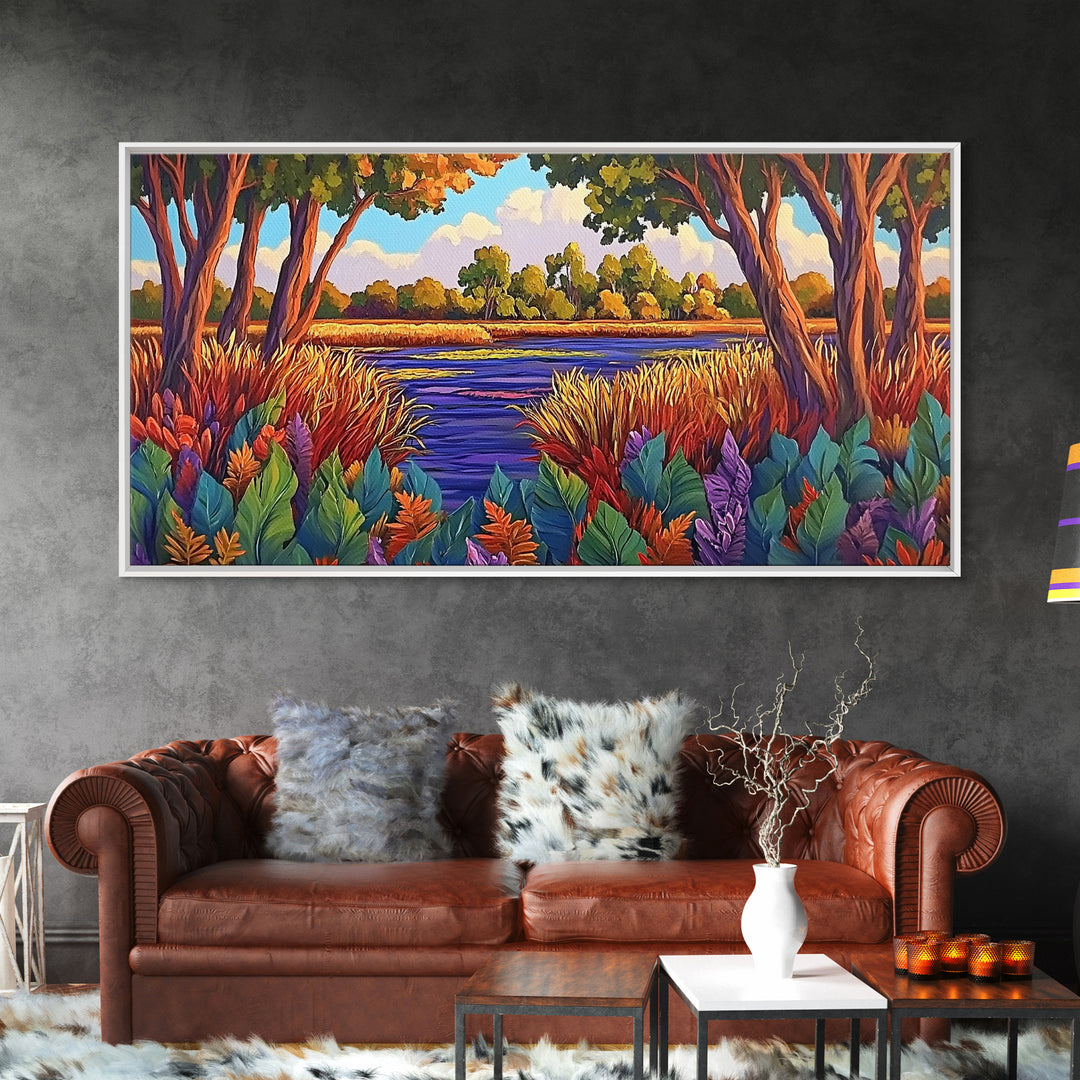 Autumn River, Landscape, Tranquil, Framed Canvas Print, fall river landscape, Entryway Wall Art, autumn colors, nature decor