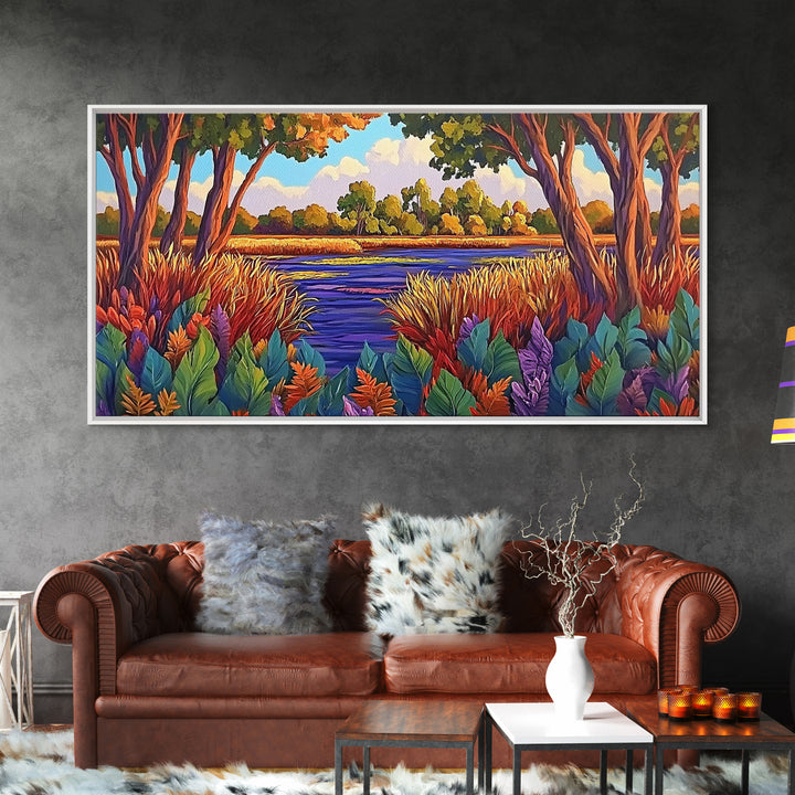Autumn River, Landscape, Tranquil, Framed Canvas Print, fall river landscape, Entryway Wall Art, autumn colors, nature decor