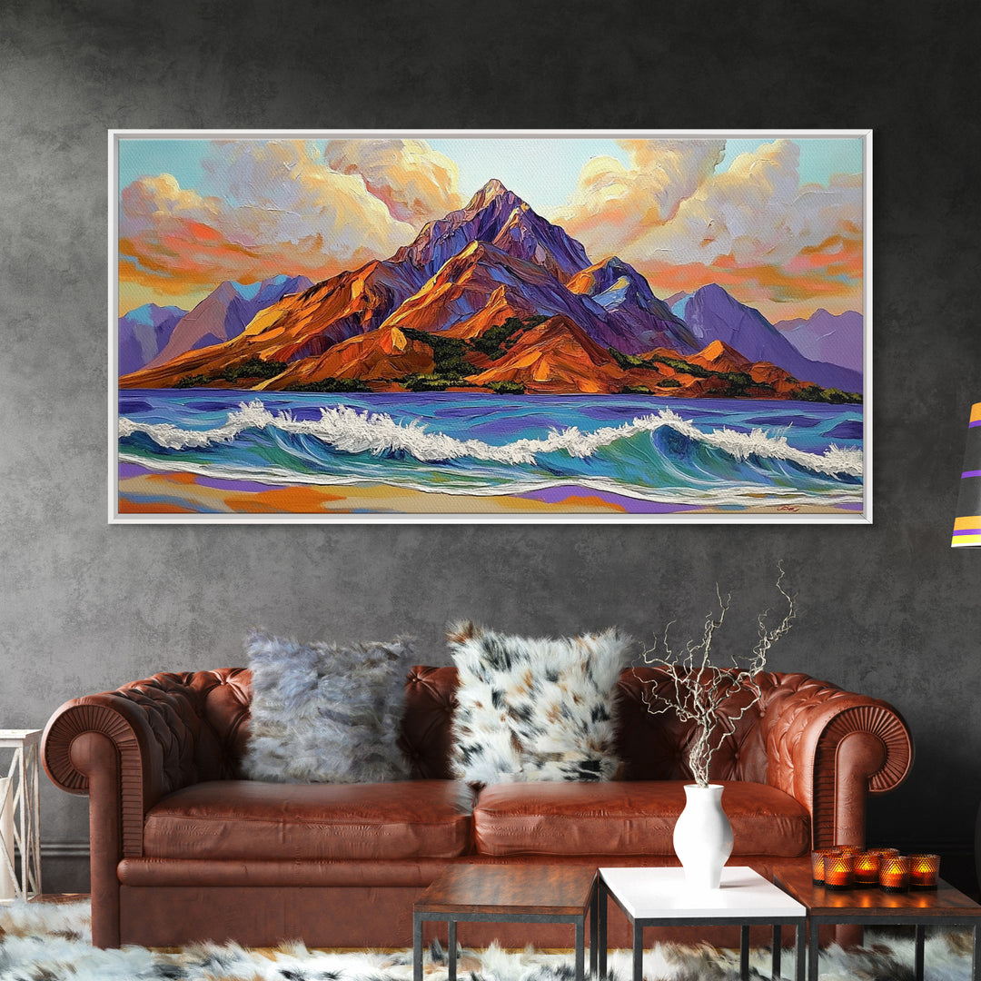 Ocean Peak, Island Sunrise, Vibrant Mountain, Framed Canvas Print, Bold Coastal Art, Beach House Wall Decor, Sunset Vibes