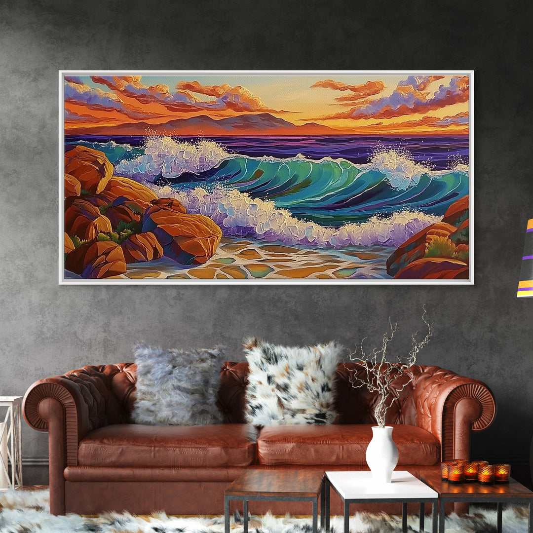 Coastal Splash, Sunset Rocks, Ocean Wave, Framed Canvas Print, Bold Nature Wall Art, Living Room Decor, Vibrant Seaside Artwork