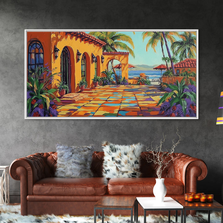 Coastal Patio, Palm View, Sunset, Canvas Print, Mexican beach terrace painting great Entryway Wall Art or Mediterranean Home Decor