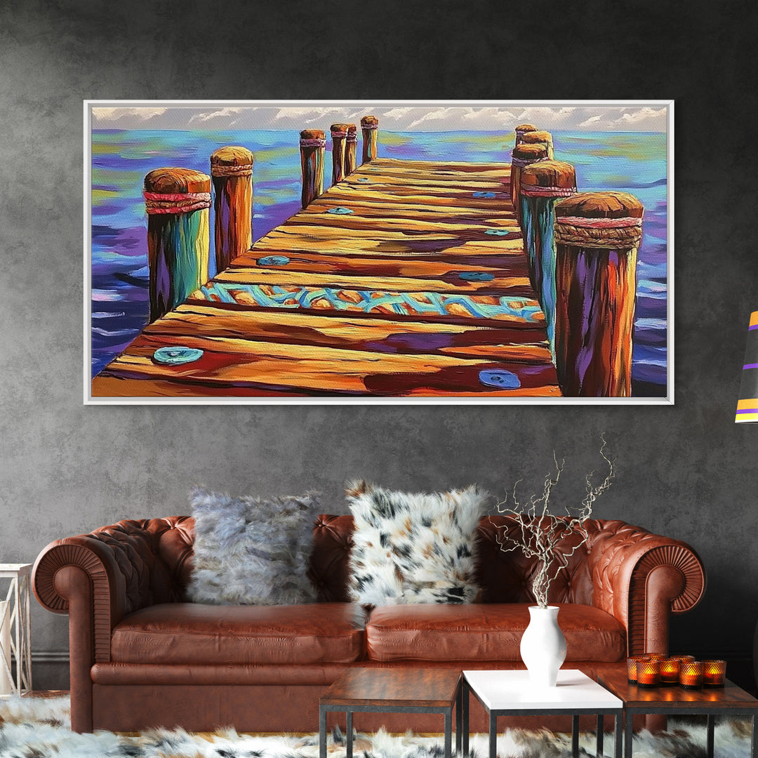 Dock View, Ocean, Coastal Path, Framed Canvas Print, Vibrant pier artwork ideal Beach House Wall Art or Nautical Entryway Decor