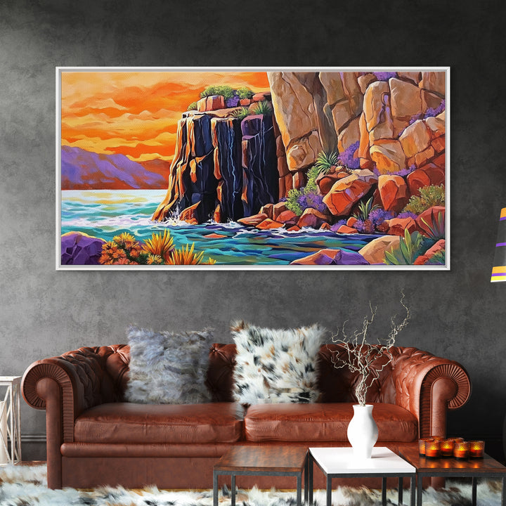 Desert Sunset, Cliffs, Nature, Framed Canvas Print, rocky cliffs and sea, Boho Living Room Wall Art, colorful sunset art, coastal vibes